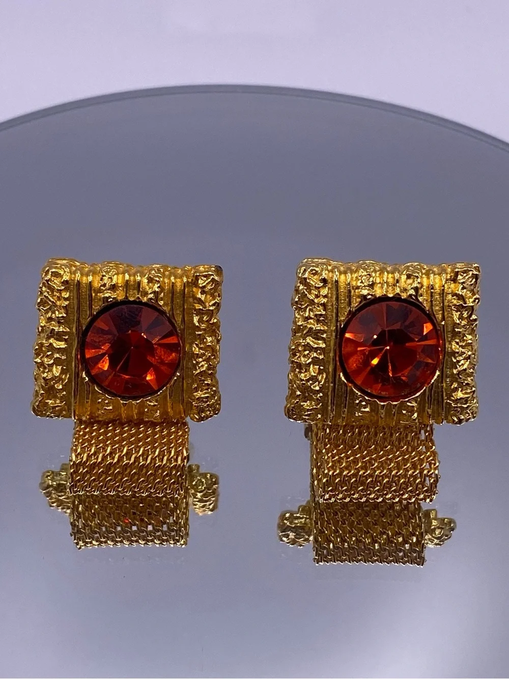 Mid Century Embassy Bright Orange Large Rhinestone Gold Tone Men’s VTG Cufflinks